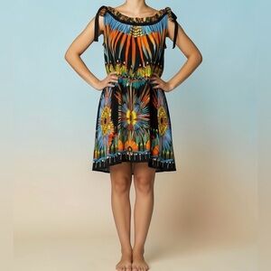 Jean Paul Gaultier Soleil 90’s Tropical Feather Print Mini Trapeze Dress in M